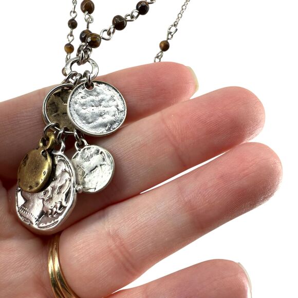 J. Jill Layered Coin Charm Necklace Silver Tone Beaded Medallion Statement NWT - Picture 6 of 11